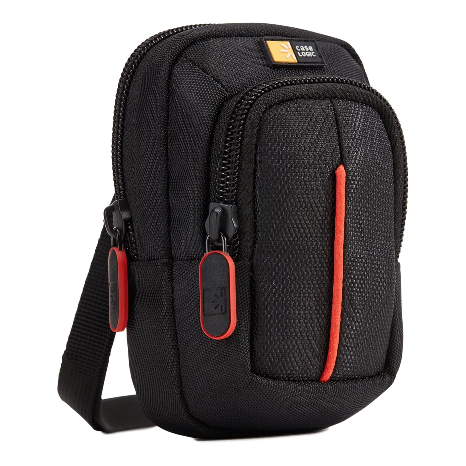 Compact digital camera case with vibrant accents, zippered pocket, and detachable lanyard, designed for travel and everyday use.