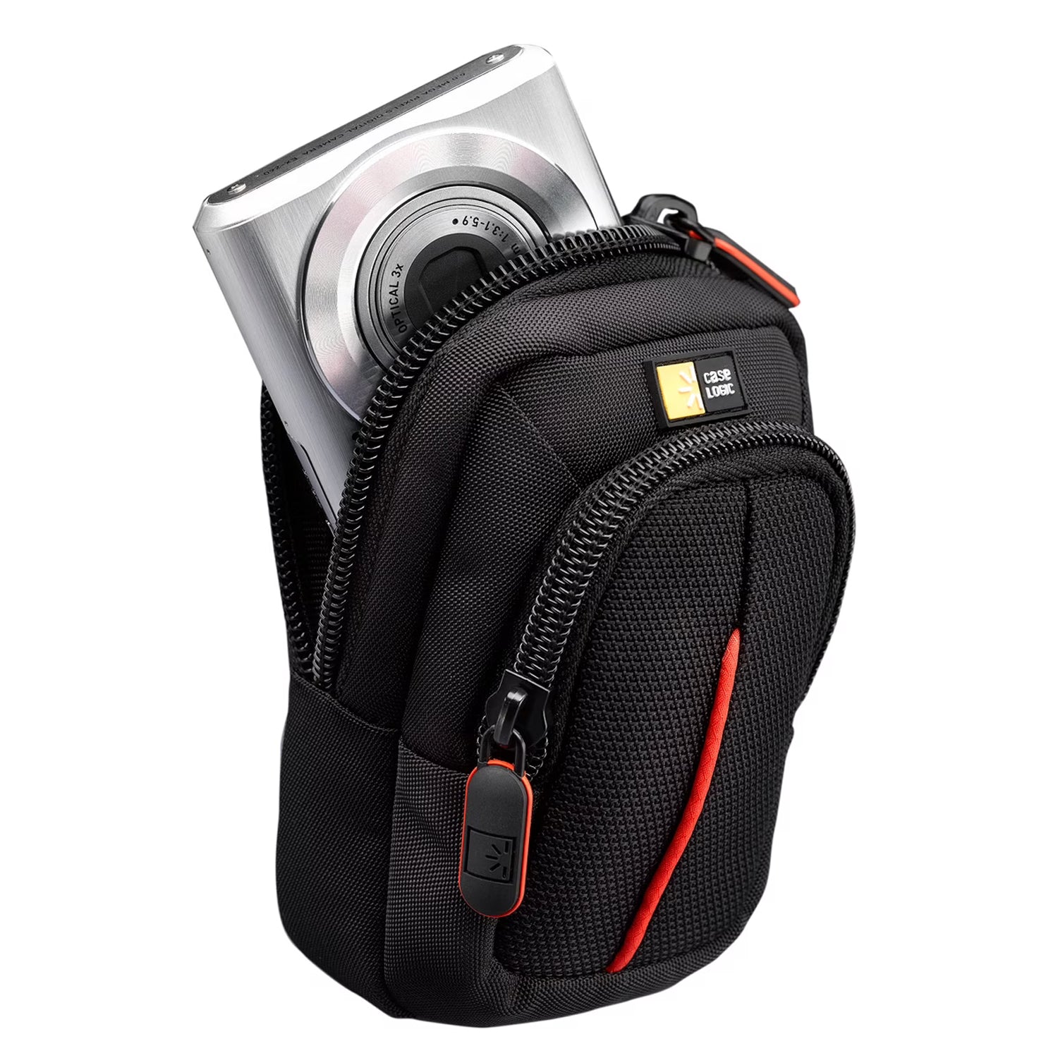 Compact digital camera case with vibrant accents, zippered pocket, and detachable lanyard, designed for travel and everyday use.