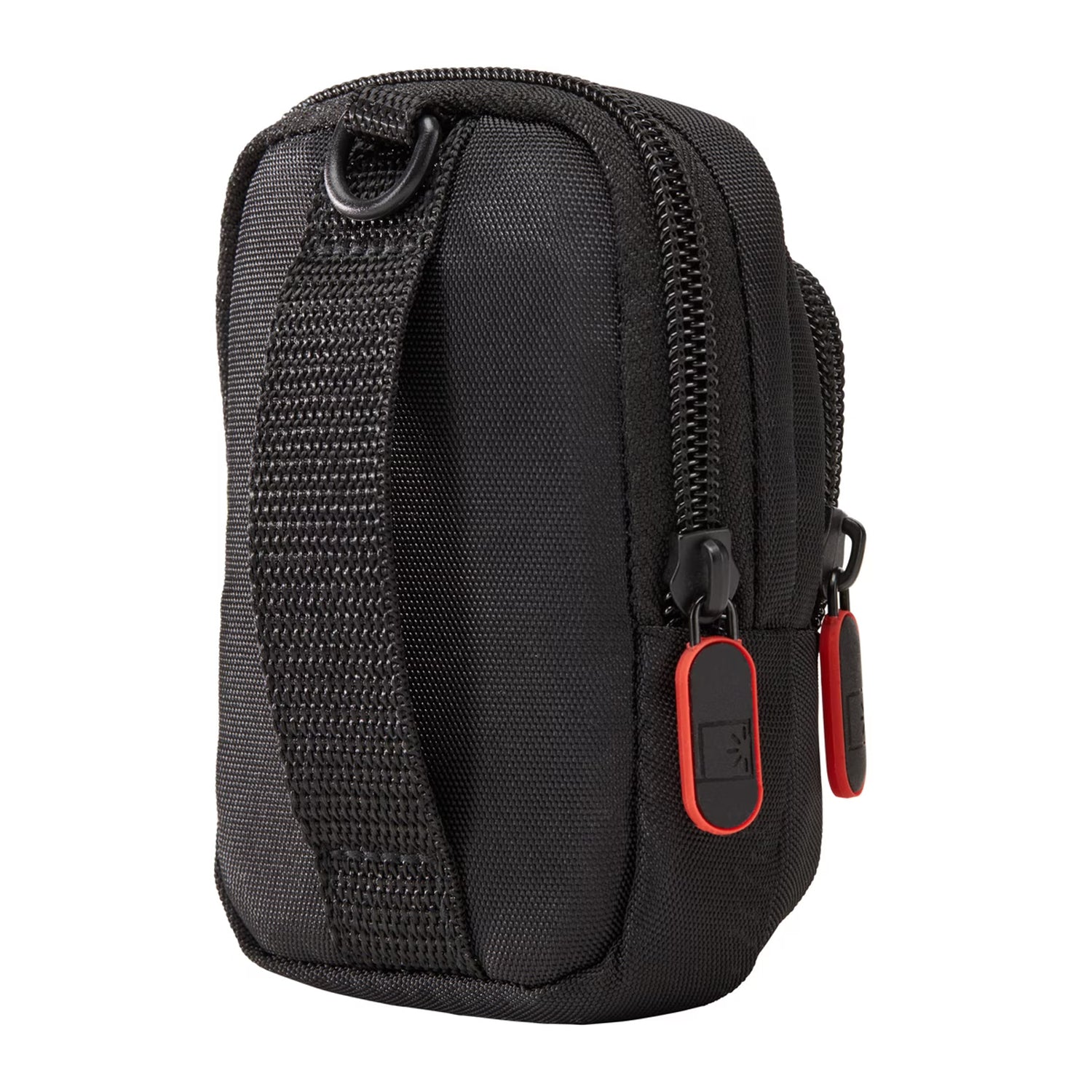 Compact digital camera case with vibrant accents, zippered pocket, and detachable lanyard, designed for travel and everyday use.