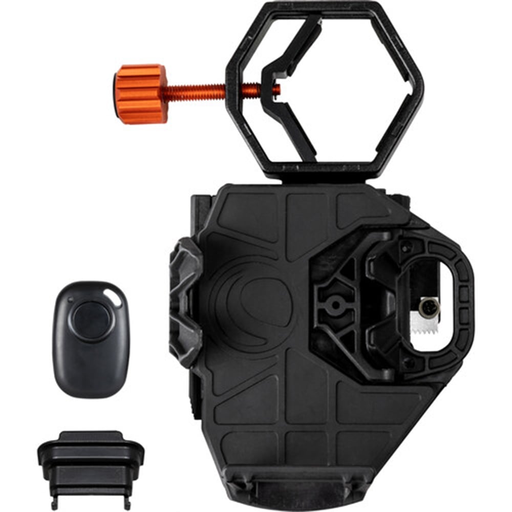 Celestron NexGo DX 2-axis smartphone adapter with Bluetooth remote for telescopes and microscopes