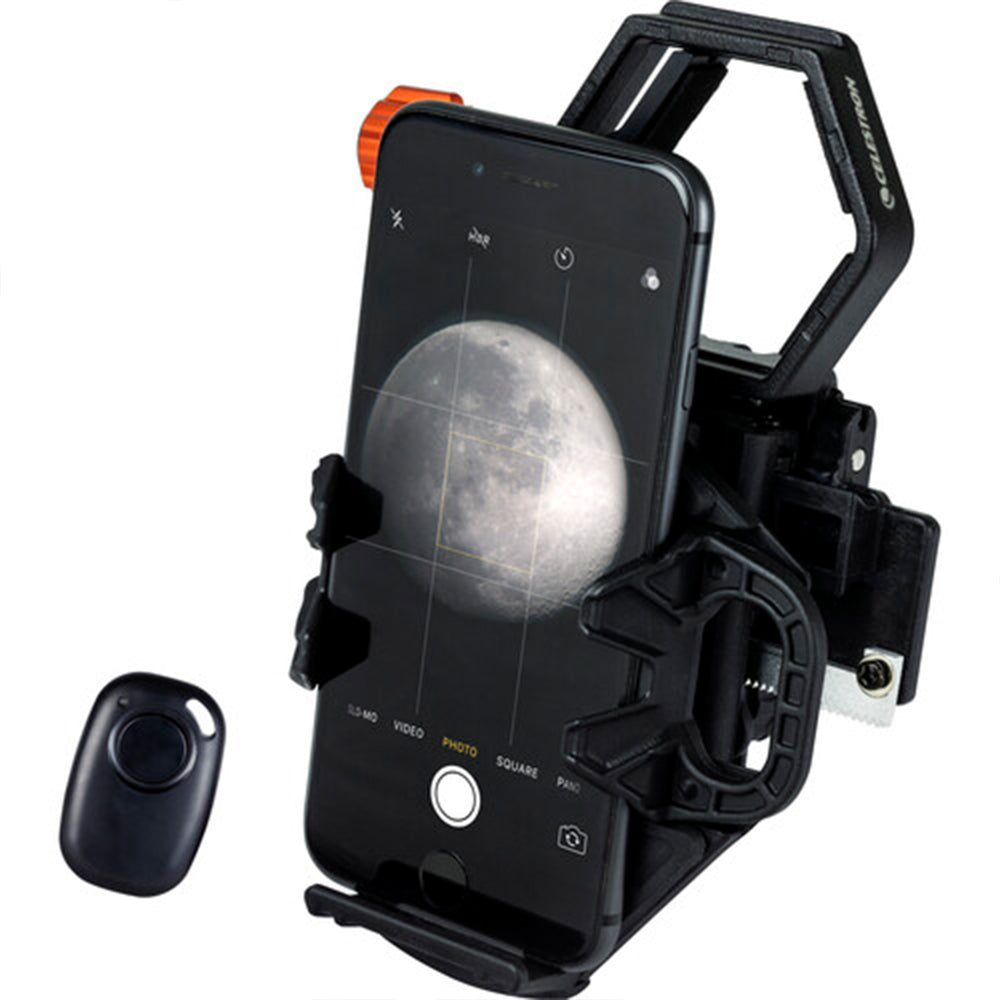Celestron NexGo DX 2-axis smartphone adapter with Bluetooth remote for telescopes and microscopes