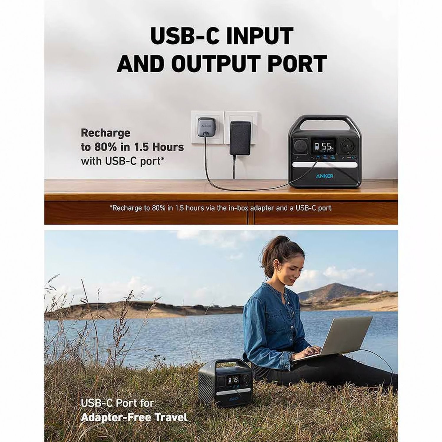 Power station with USB-C port being used to charge a laptop outdoors by a lake.