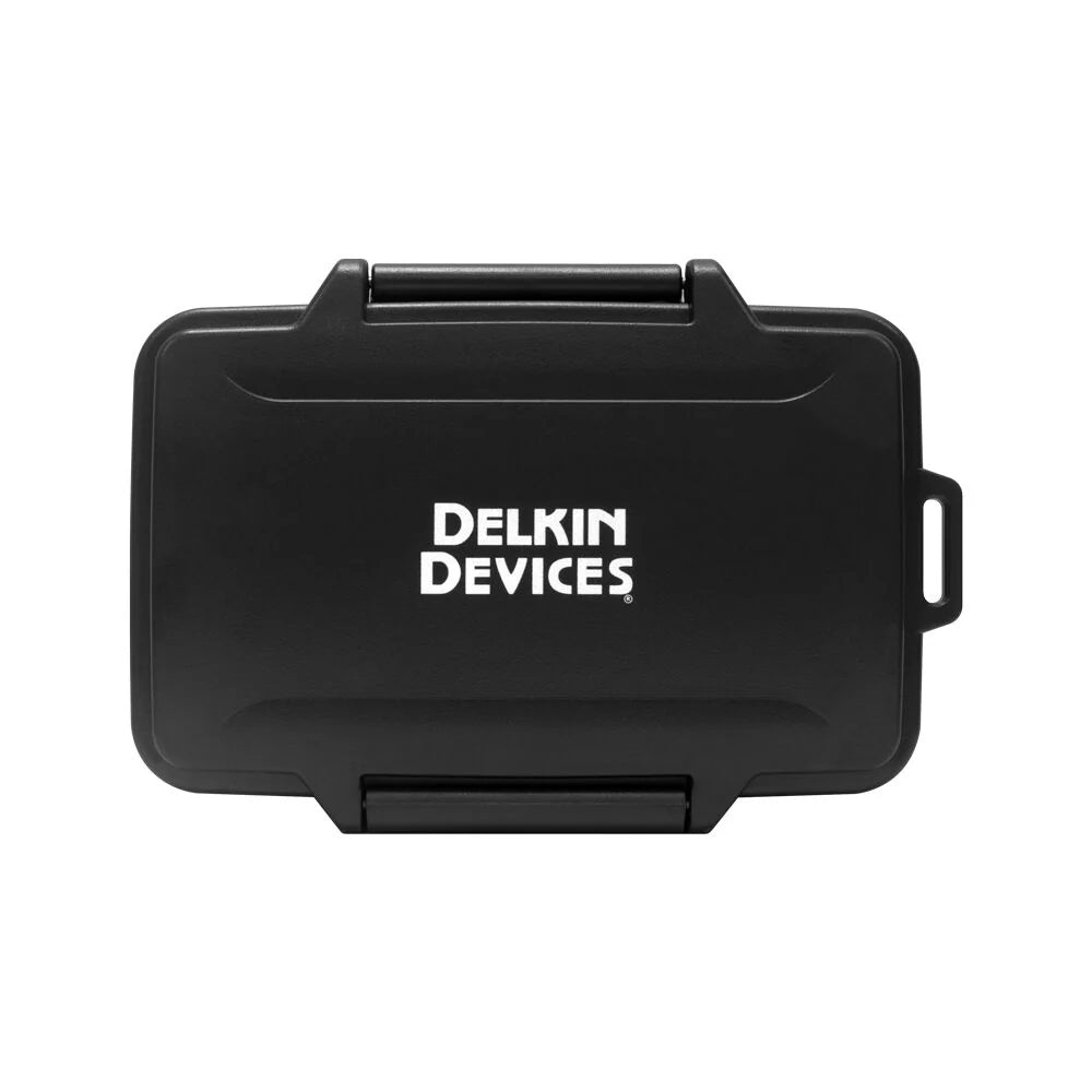 Delkin Devices rugged memory card tote for CFexpress, SD, and microSD cards; weather-resistant, crushproof, and compact.