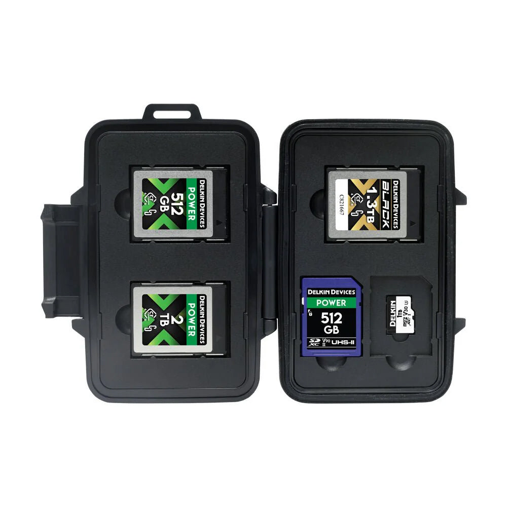 Delkin Devices rugged memory card tote for CFexpress, SD, and microSD cards; weather-resistant, crushproof, and compact.