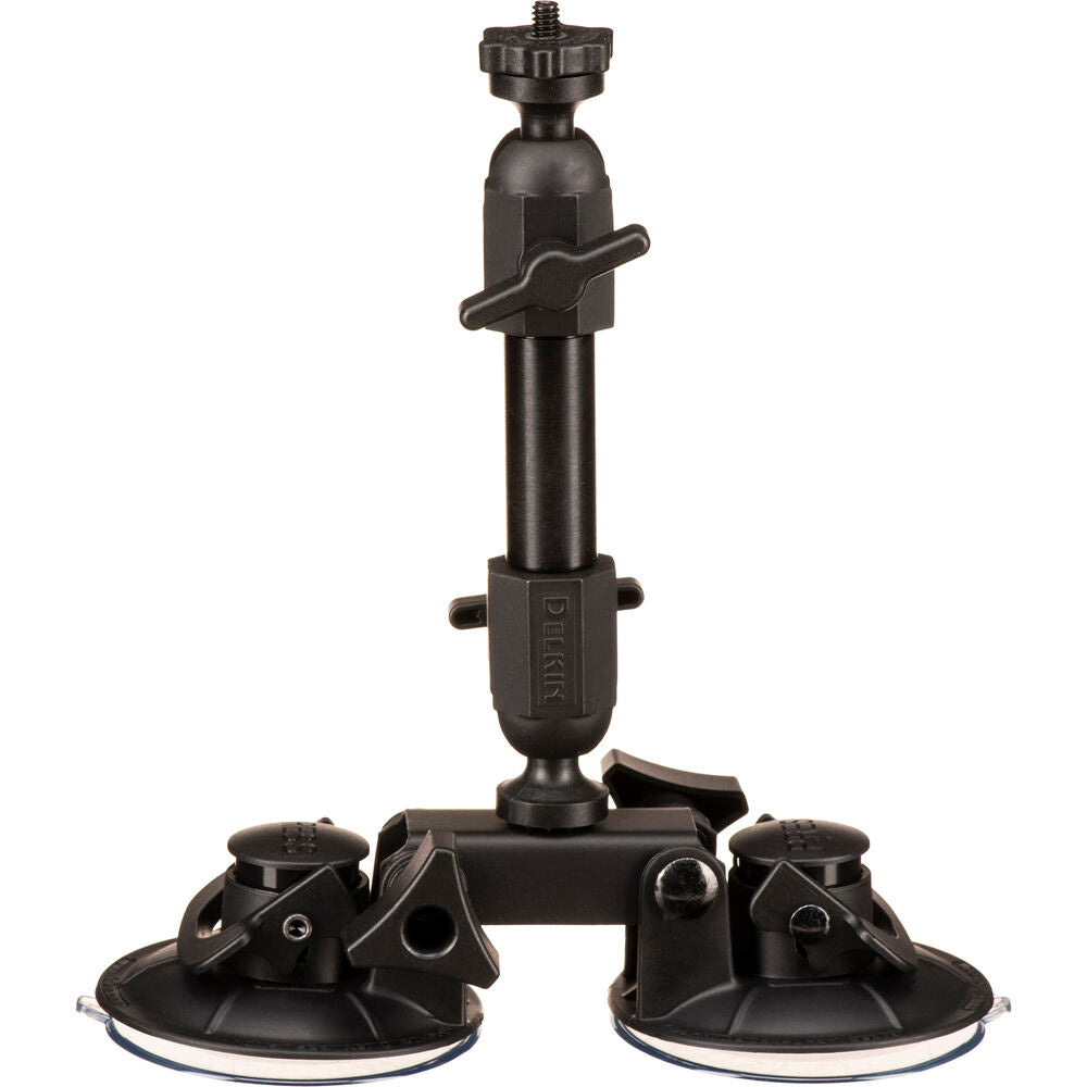 Delkin Devices Fat Gecko Dual-Suction Camera Mount, featuring two ~7 cm industrial-grade suction cups connected to a central adjustable arm with multiple locking joints, topped by a ¼-20 mounting screw and 360° ball-head for versatile camera positioning.