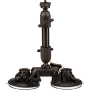 Delkin Devices Fat Gecko Dual-Suction Camera Mount, featuring two ~7 cm industrial-grade suction cups connected to a central adjustable arm with multiple locking joints, topped by a ¼-20 mounting screw and 360° ball-head for versatile camera positioning.