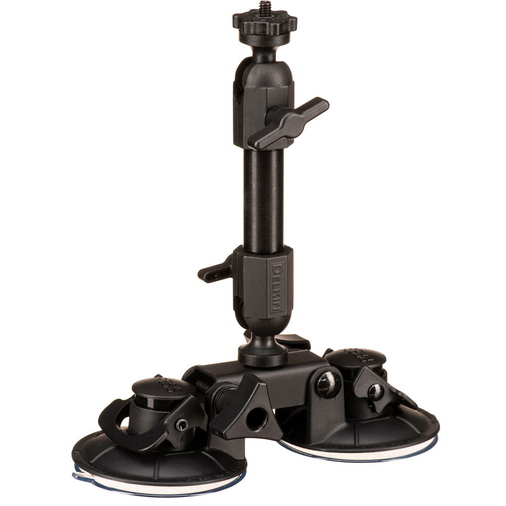 Delkin Devices Fat Gecko Dual-Suction Camera Mount, featuring two ~7 cm industrial-grade suction cups connected to a central adjustable arm with multiple locking joints, topped by a ¼-20 mounting screw and 360° ball-head for versatile camera positioning.