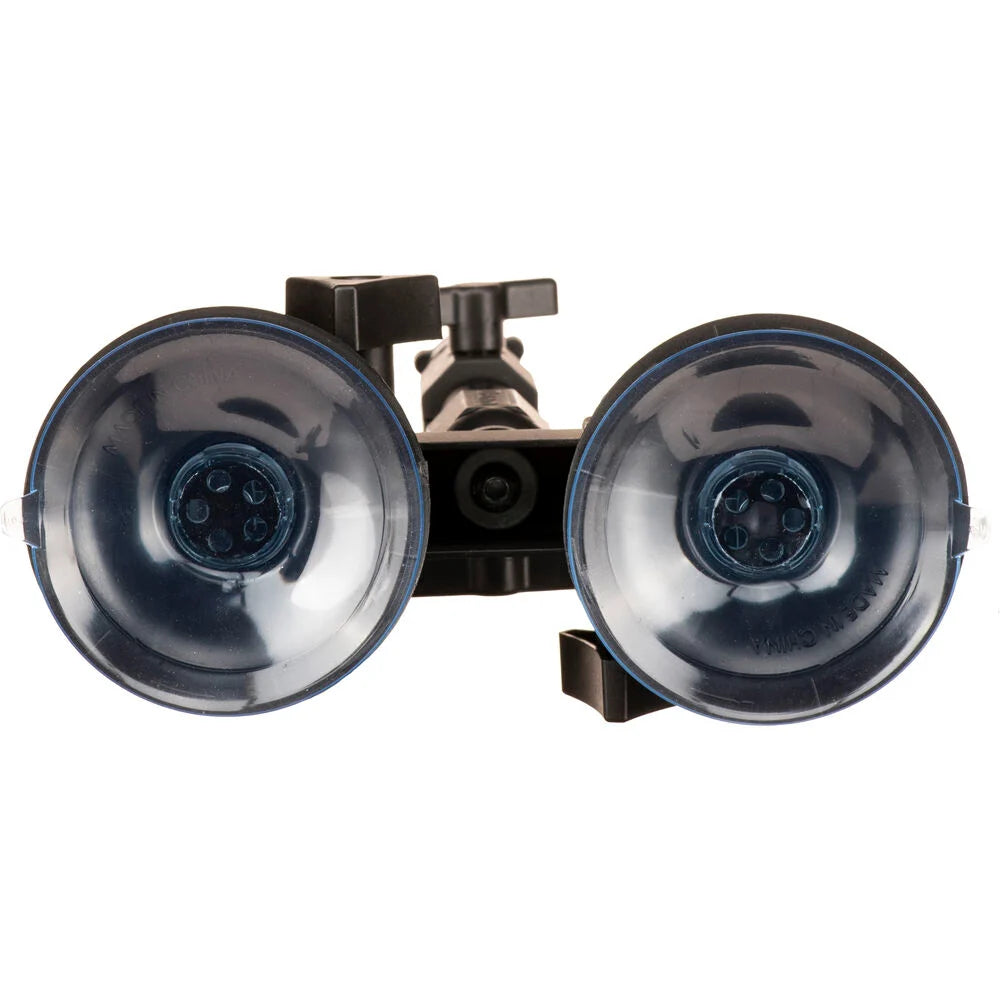 Delkin Devices Fat Gecko Dual-Suction Camera Mount, featuring two ~7 cm industrial-grade suction cups connected to a central adjustable arm with multiple locking joints, topped by a ¼-20 mounting screw and 360° ball-head for versatile camera positioning.