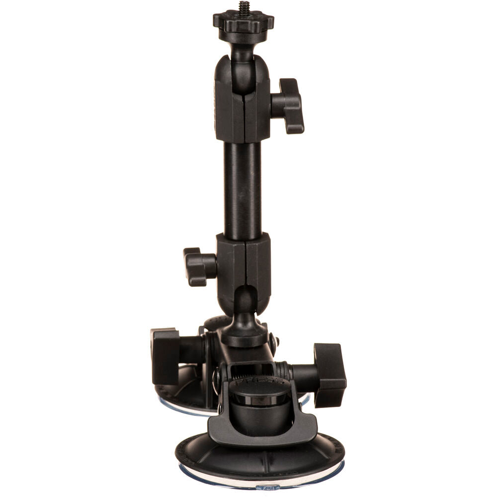 Delkin Devices Fat Gecko Dual-Suction Camera Mount, featuring two ~7 cm industrial-grade suction cups connected to a central adjustable arm with multiple locking joints, topped by a ¼-20 mounting screw and 360° ball-head for versatile camera positioning.