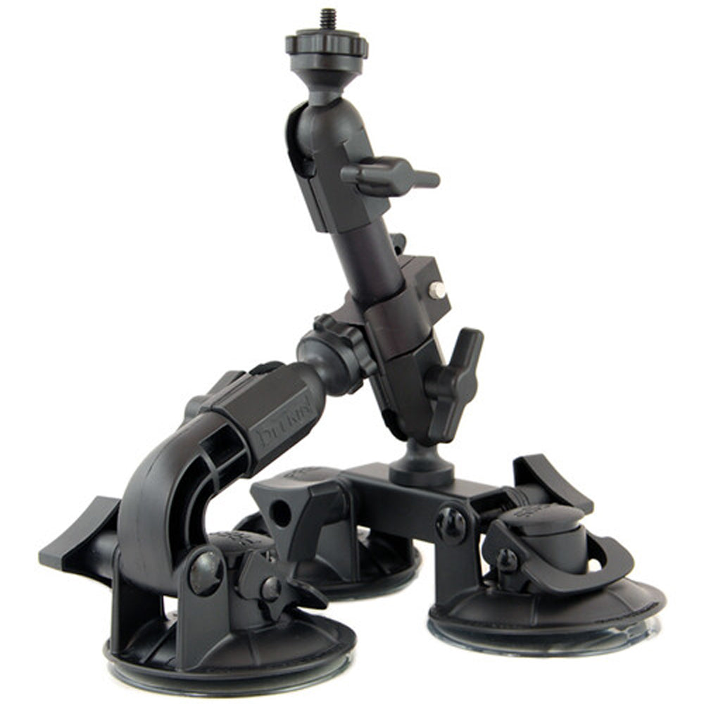 Delkin Devices Fat Gecko Triple Mount featuring three large industrial locking suction cups on a robust adjustable arm, slide-and-lock mechanism, and universal ¼-20 tripod head—designed for secure angled positioning with six adjustment points.