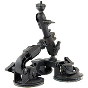 Delkin Devices Fat Gecko Triple Mount featuring three large industrial locking suction cups on a robust adjustable arm, slide-and-lock mechanism, and universal ¼-20 tripod head—designed for secure angled positioning with six adjustment points.