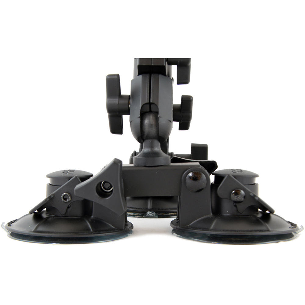 Delkin Devices Fat Gecko Triple Mount featuring three large industrial locking suction cups on a robust adjustable arm, slide-and-lock mechanism, and universal ¼-20 tripod head—designed for secure angled positioning with six adjustment points.