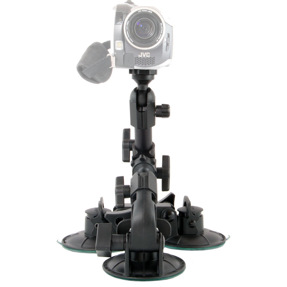 Delkin Devices Fat Gecko Triple Mount featuring three large industrial locking suction cups on a robust adjustable arm, slide-and-lock mechanism, and universal ¼-20 tripod head—designed for secure angled positioning with six adjustment points.