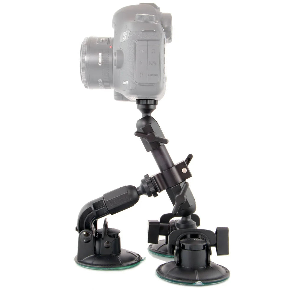 Delkin Devices Fat Gecko Triple Mount featuring three large industrial locking suction cups on a robust adjustable arm, slide-and-lock mechanism, and universal ¼-20 tripod head—designed for secure angled positioning with six adjustment points.