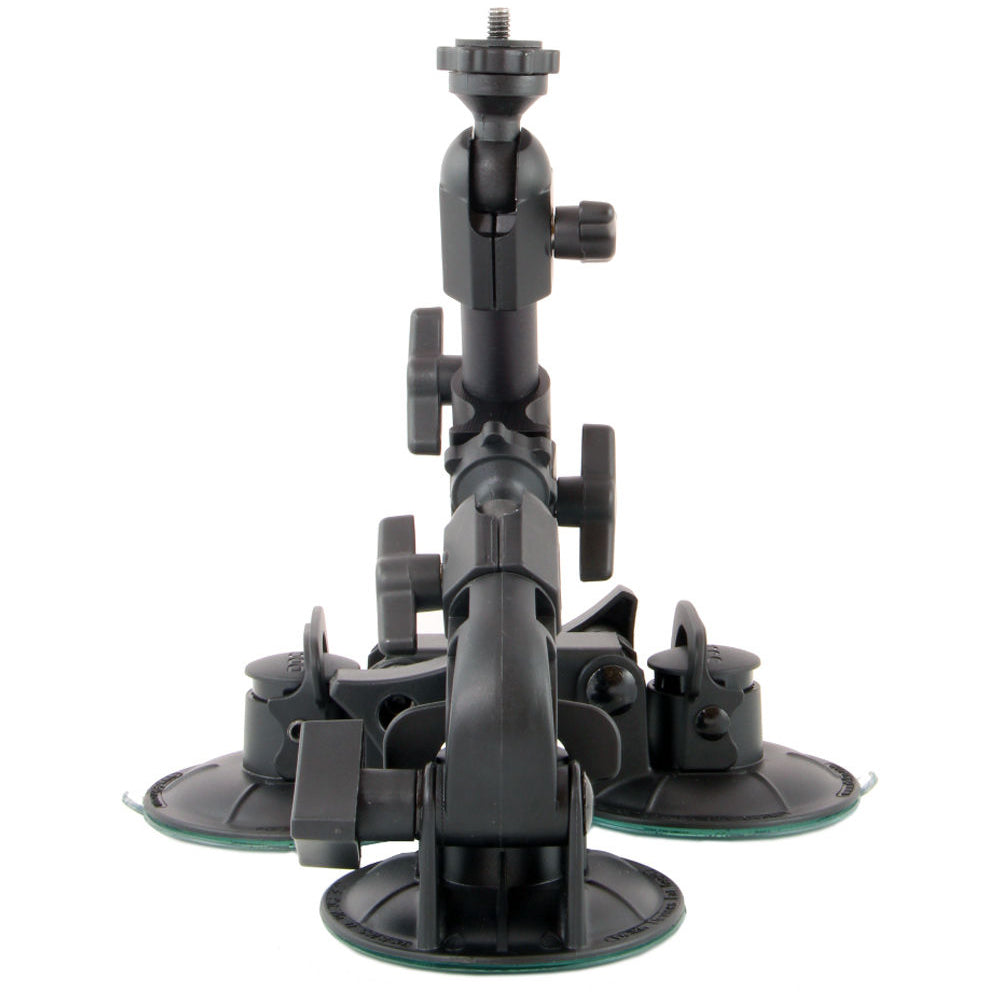 Delkin Devices Fat Gecko Triple Mount featuring three large industrial locking suction cups on a robust adjustable arm, slide-and-lock mechanism, and universal ¼-20 tripod head—designed for secure angled positioning with six adjustment points.