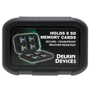Delkin Devices Memory Card Tote with 8 slots, weatherproof and shock-resistant protective case for SD and CFexpress cards.