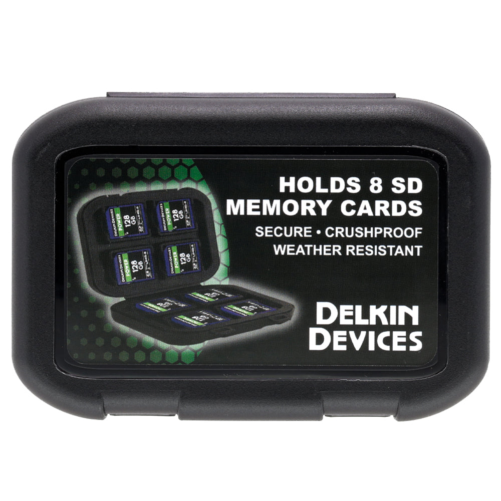 Delkin Devices Memory Card Tote with 8 slots, weatherproof and shock-resistant protective case for SD and CFexpress cards.