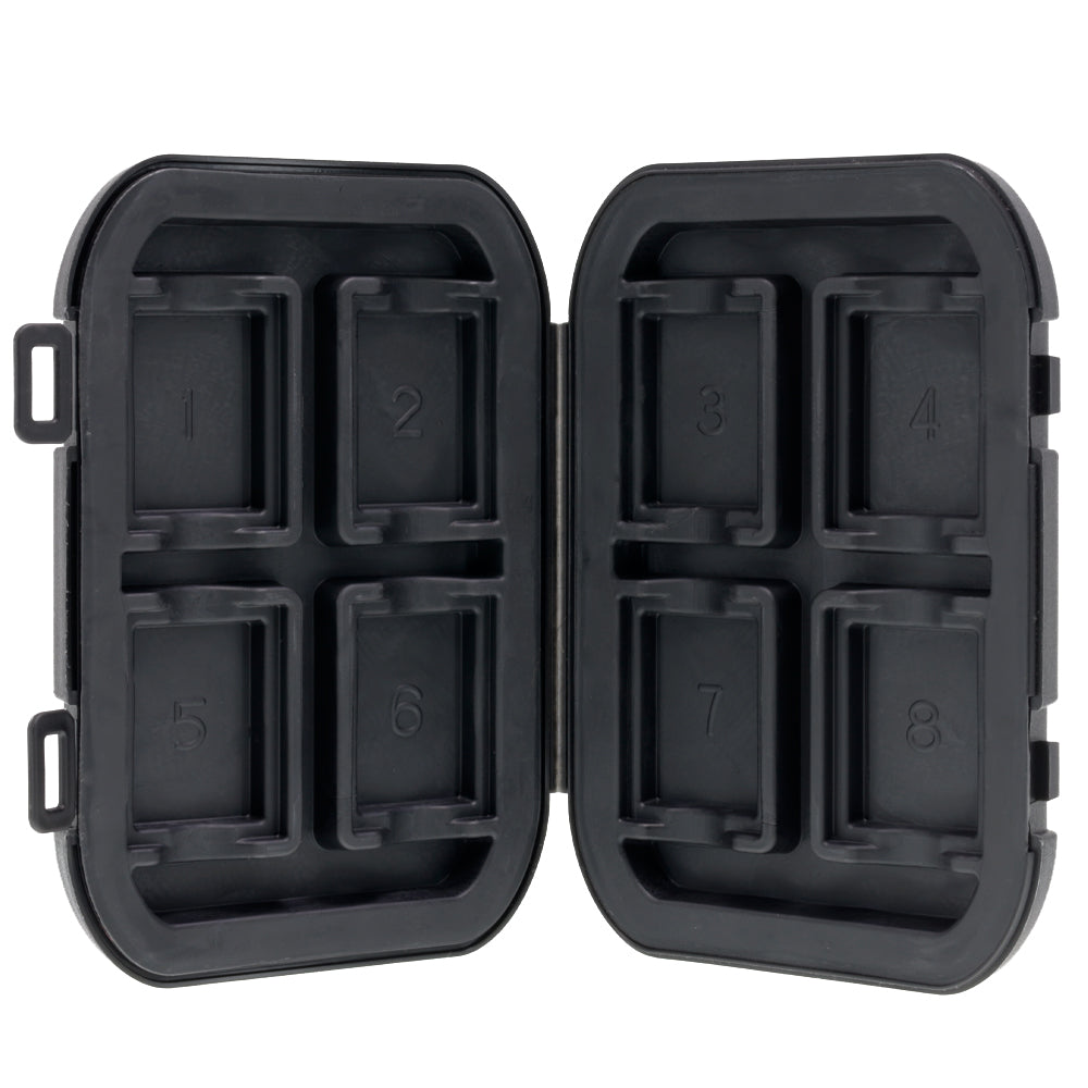 Delkin Devices Memory Card Tote with 8 slots, weatherproof and shock-resistant protective case for SD and CFexpress cards.