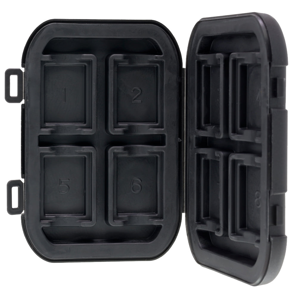 Delkin Devices Memory Card Tote with 8 slots, weatherproof and shock-resistant protective case for SD and CFexpress cards.
