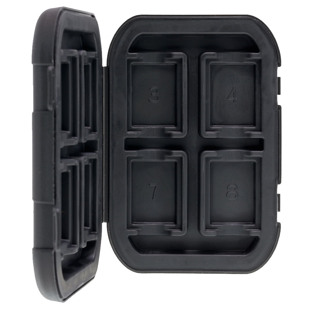 Delkin Devices Memory Card Tote with 8 slots, weatherproof and shock-resistant protective case for SD and CFexpress cards.