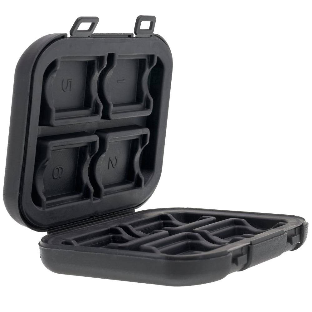 Delkin Devices Memory Card Tote with 8 slots, weatherproof and shock-resistant protective case for SD and CFexpress cards.