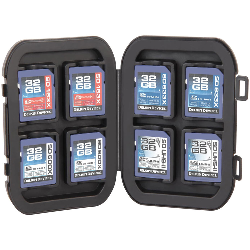 Delkin Devices Memory Card Tote with 8 slots, weatherproof and shock-resistant protective case for SD and CFexpress cards.
