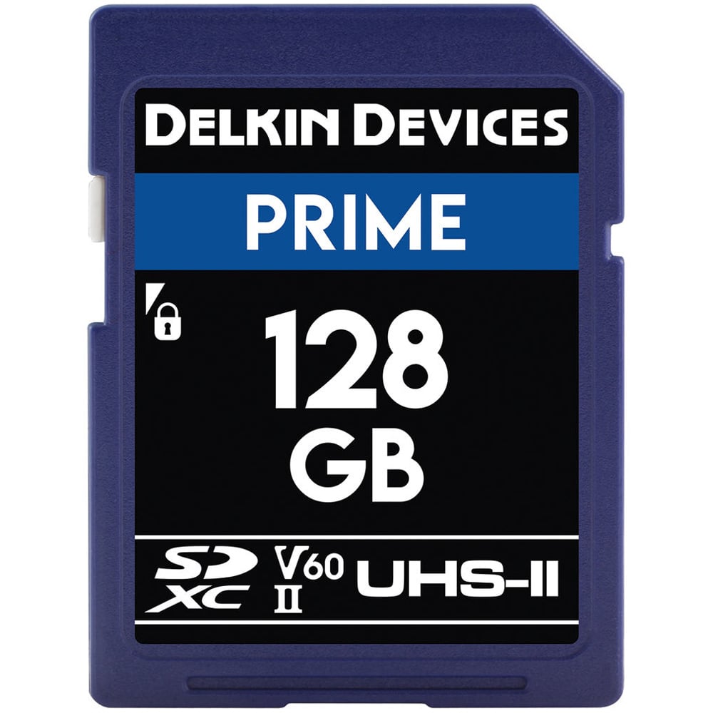 Delkin Devices Prime 128GB SD card on a white background