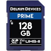 Delkin Devices Prime 128GB SD card on a white background