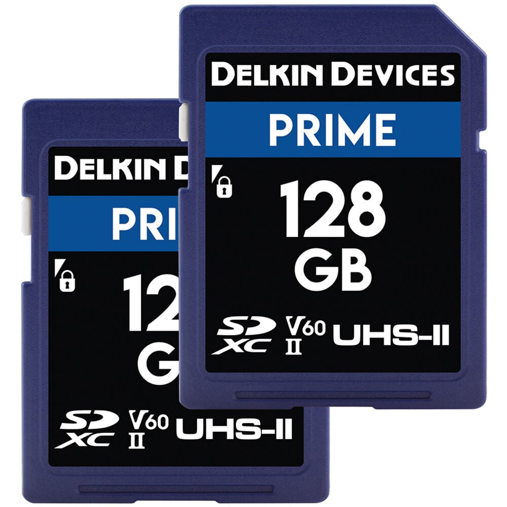 Memory cards that store 8K, 4K, and Full HD videos and RAW images with a storage capacity of 128GB and writing speeds of 150 MB/s.