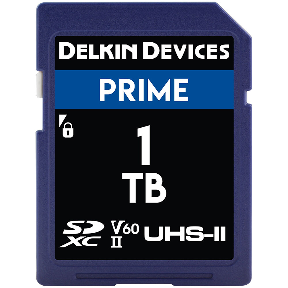 Delkin Prime 1TB UHS-II SDXC Memory Card offers 280 MB/s read and 150 MB/s write speeds, ideal for 8K, 4K, Full HD video.