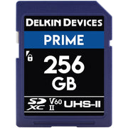 Delkin Devices Prime 256GB UHS-II SDXC memory card with 280MB/s speed for 4K video and high-resolution photography.