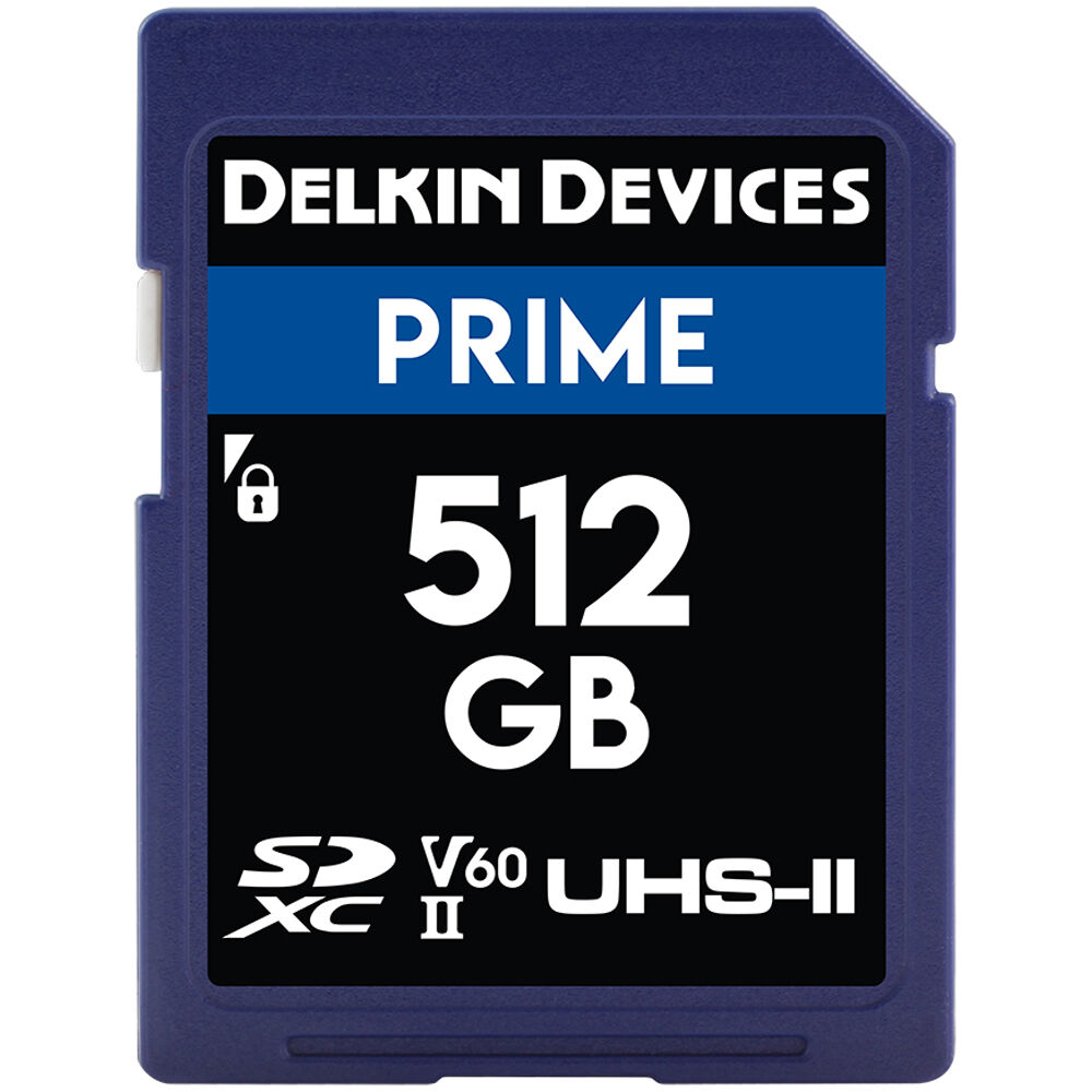 Delkin Devices Prime 512GB UHS-II SDXC Memory Card offer reliability with 280 MB/s read and 150 MB/s write speeds.