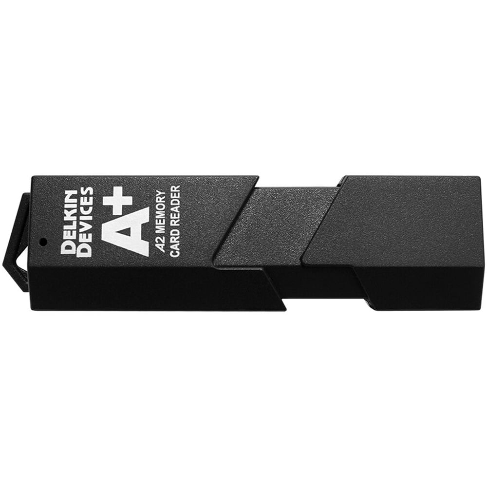 Black memory card reader with Delkin Devices branding on a white background