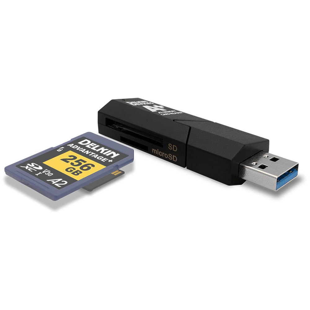 Delkin microSD card and USB reader on a white background