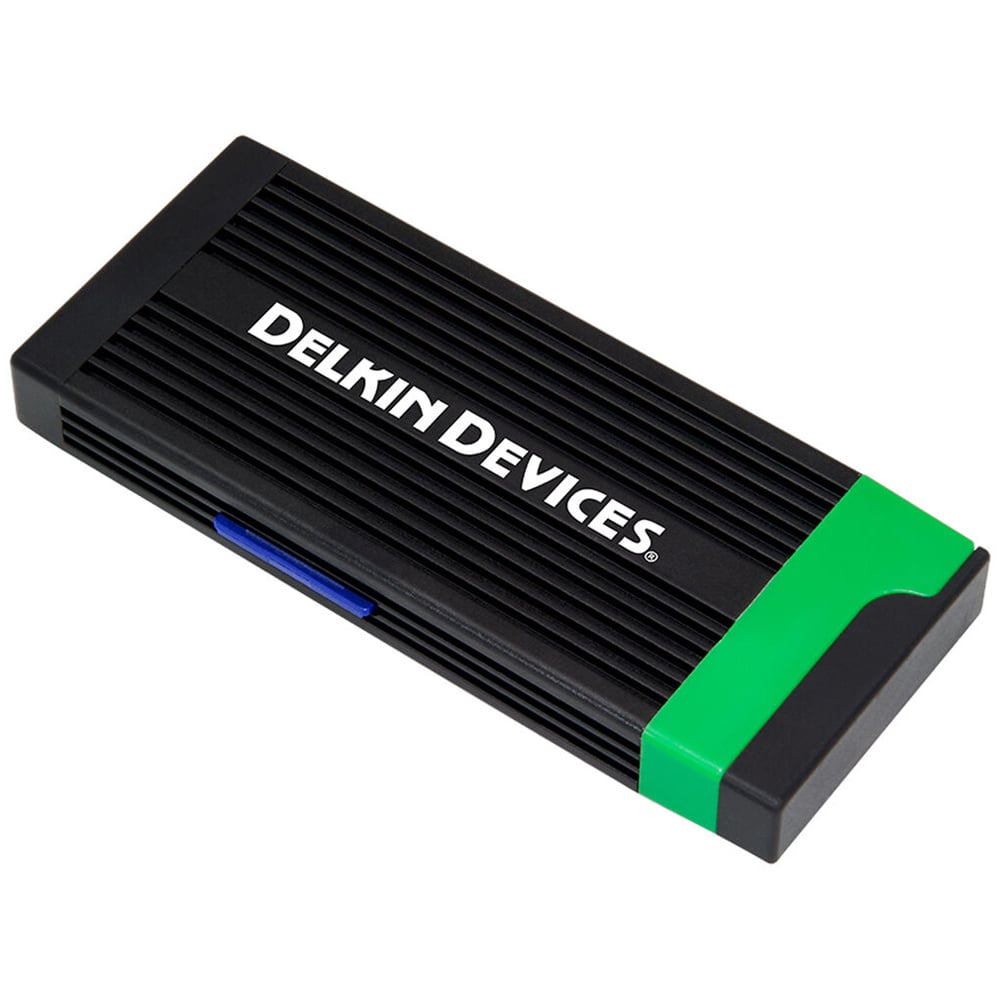 Dual slot card reader of Delkin Devices, can take one SD memory card and one CFexpress Type B memory card.