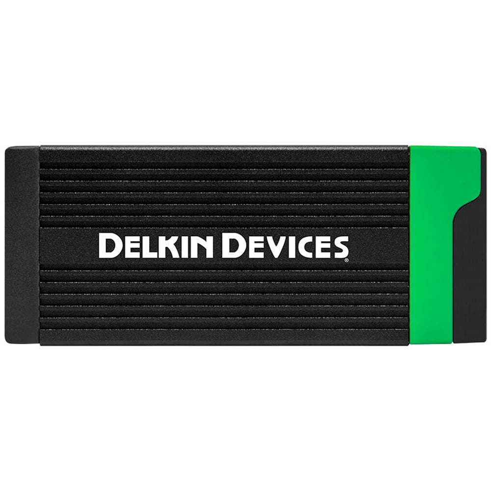Delkin Devices card reader on a white background