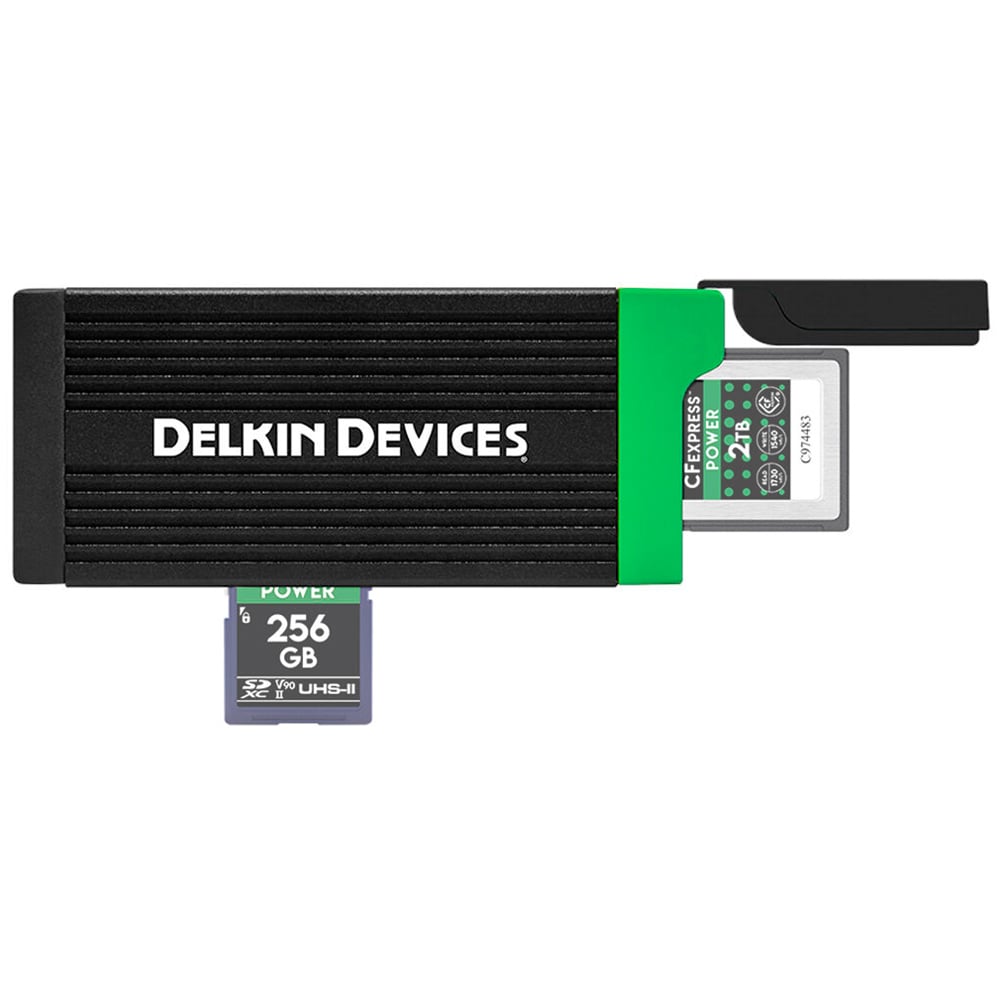 Delkin Devices memory card reader with a SD and CFexpess cards as examples on a white background