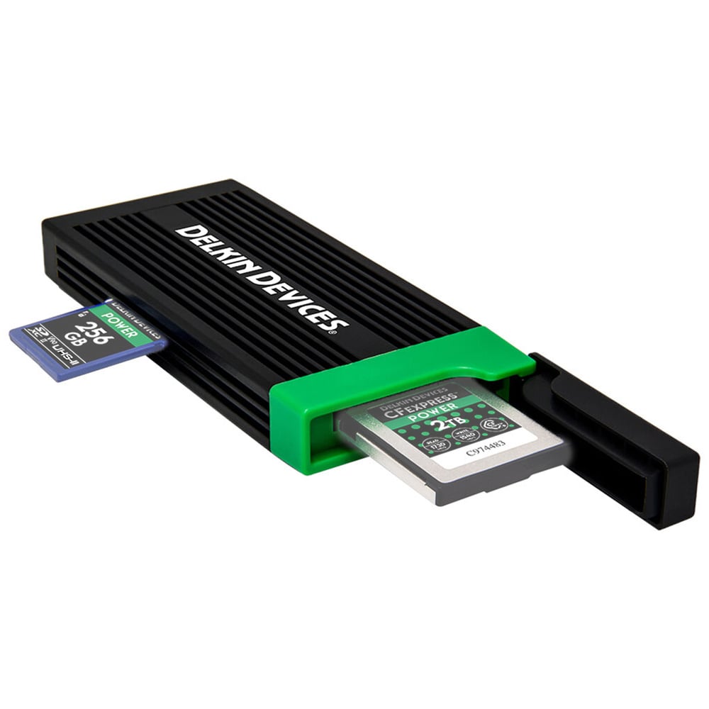 Delkin Devide card reader with two cards as examples on a white background