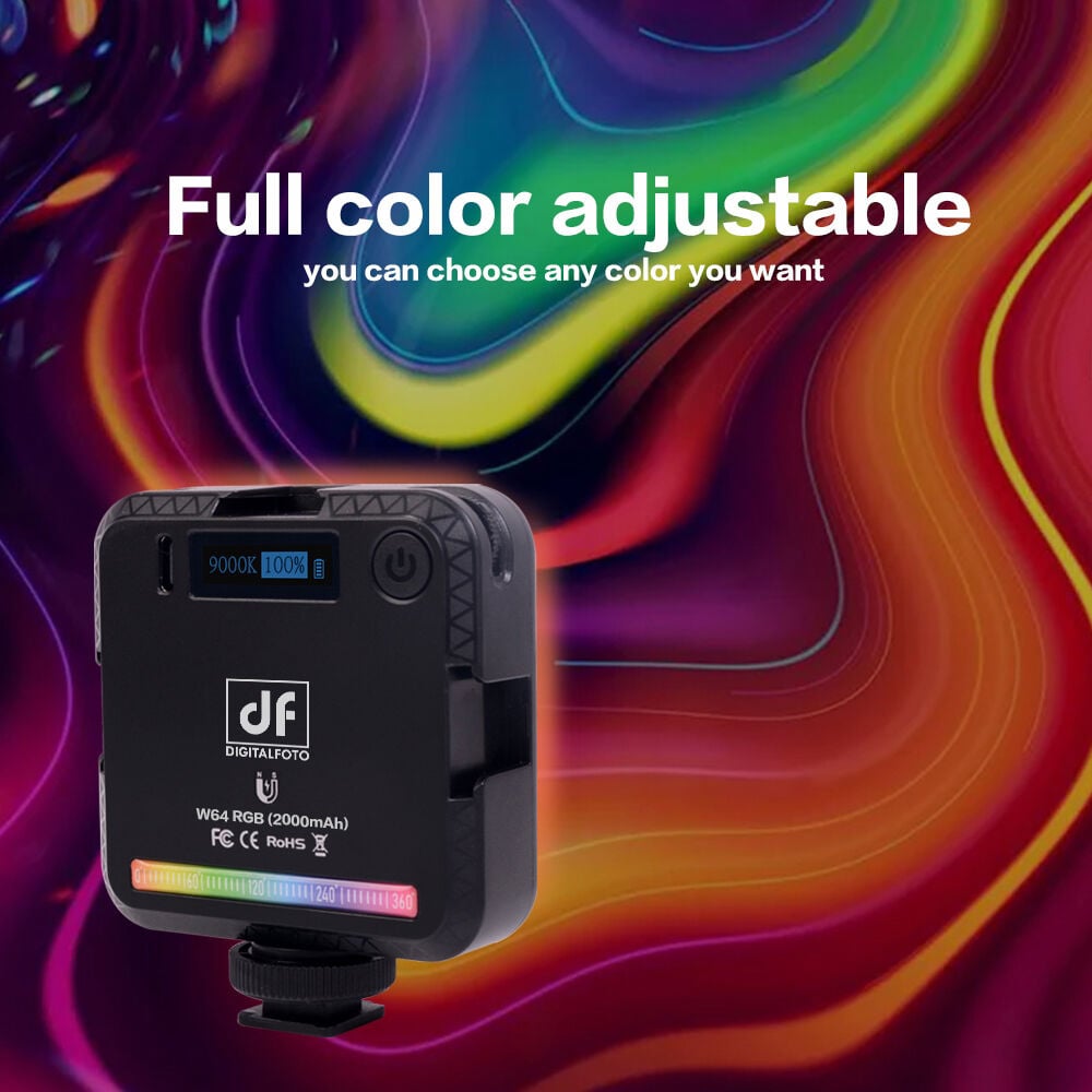 Luxceo W64RGB Mini LED Light with 2500–9000K adjustable colour, 20 effects, built-in magnet, and portable design for creators.