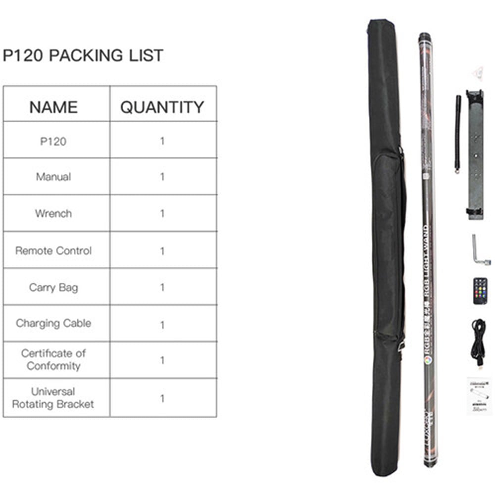 Luxceo P120 waterproof RGB LED light bar (120 cm), slim tube with color spectrum display and handheld app control.