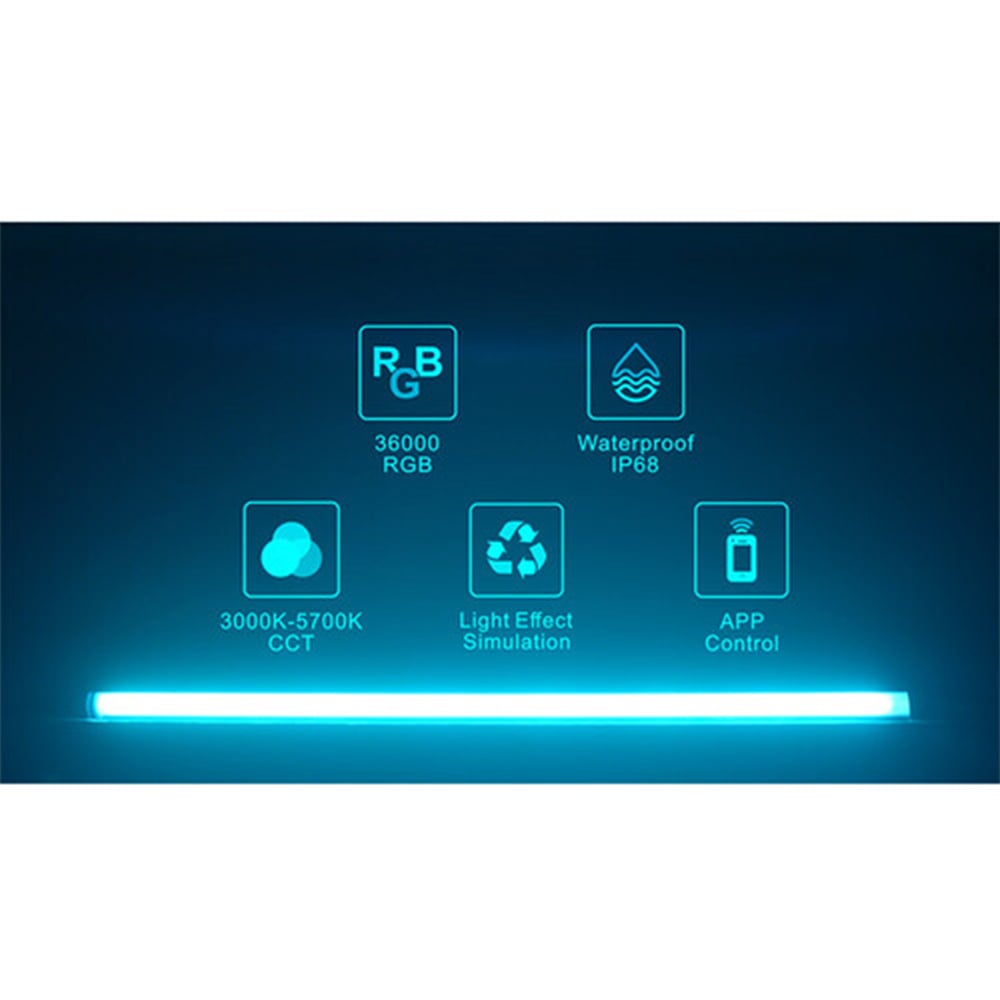Luxceo P120 waterproof RGB LED light bar (120 cm), slim tube with color spectrum display and handheld app control.