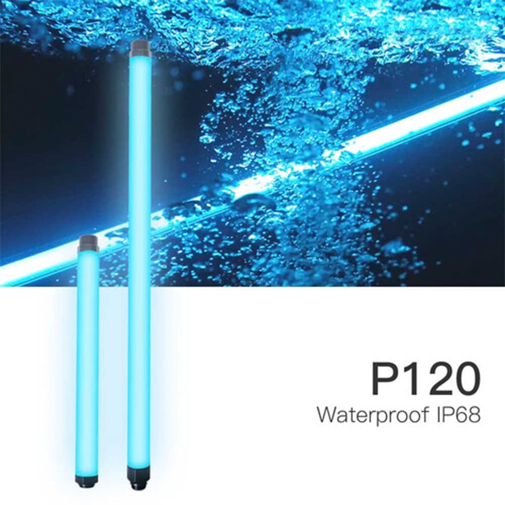 Luxceo P120 waterproof RGB LED light bar (120 cm), slim tube with color spectrum display and handheld app control.
