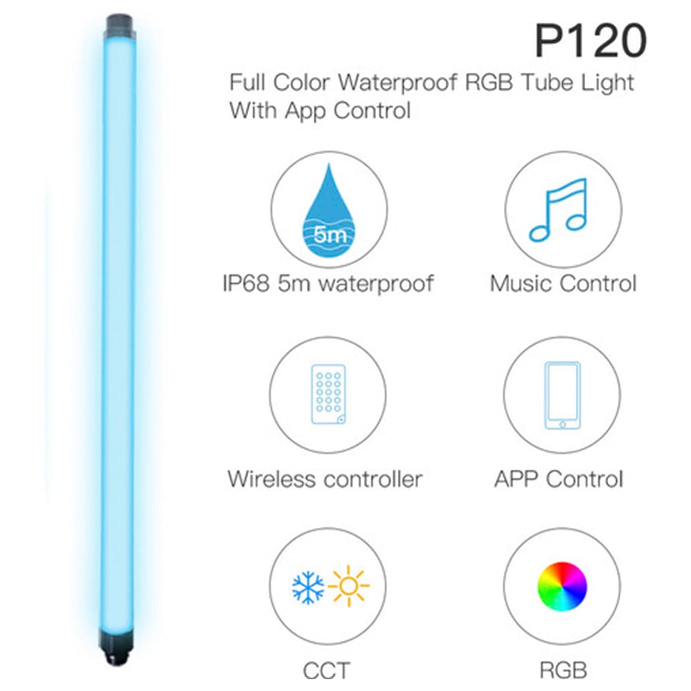 Luxceo P120 waterproof RGB LED light bar (120 cm), slim tube with color spectrum display and handheld app control.