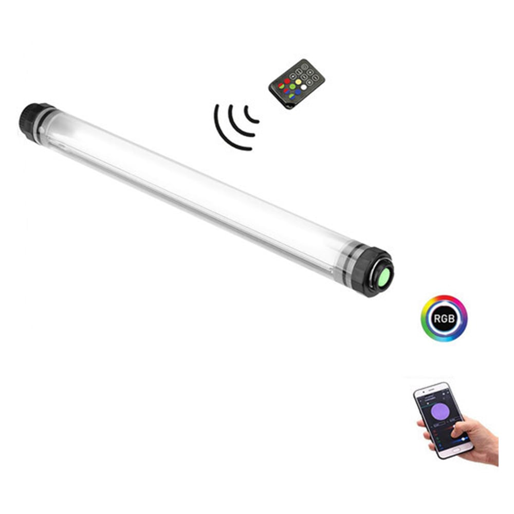 LUXCEO P7RGB Pro 40 cm waterproof RGB tube light with built-in battery, smartphone app control, and ¼″-20 mounting thread.