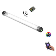 LUXCEO P7RGB Pro 40 cm waterproof RGB tube light with built-in battery, smartphone app control, and ¼″-20 mounting thread.