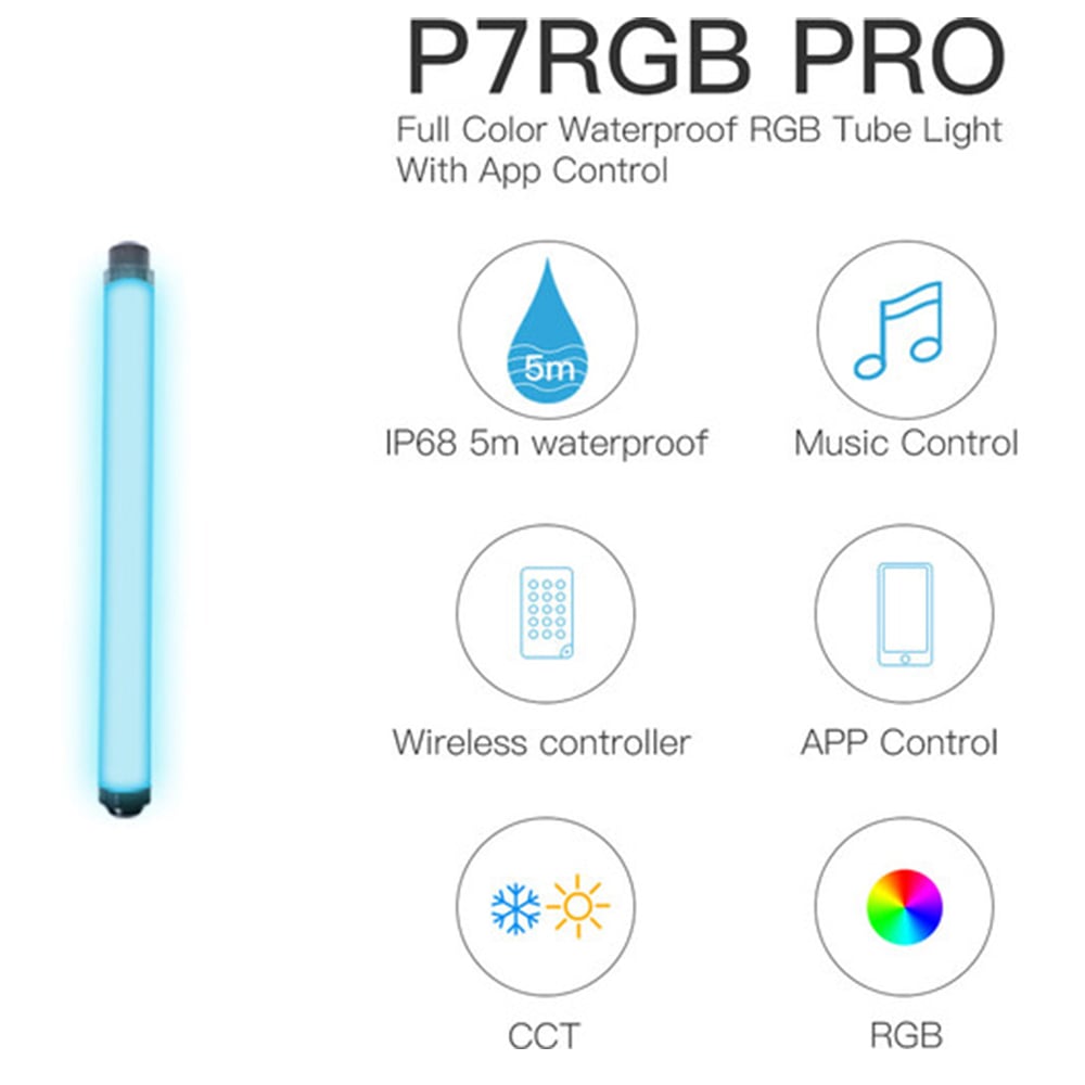 LUXCEO P7RGB Pro 40 cm waterproof RGB tube light with built-in battery, smartphone app control, and ¼″-20 mounting thread.