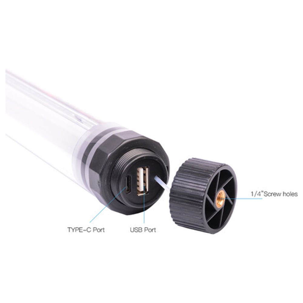 LUXCEO P7RGB Pro 40 cm waterproof RGB tube light with built-in battery, smartphone app control, and ¼″-20 mounting thread.