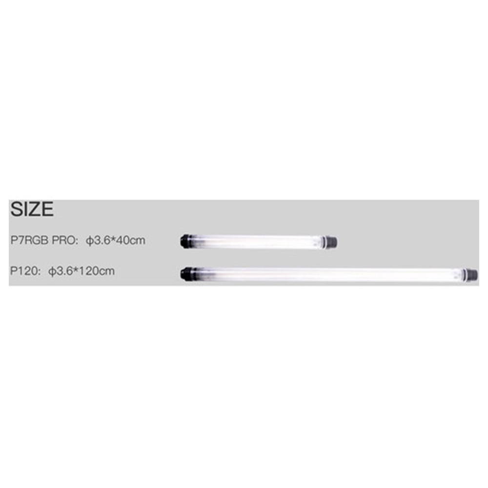 LUXCEO P7RGB Pro 40 cm waterproof RGB tube light with built-in battery, smartphone app control, and ¼″-20 mounting thread.
