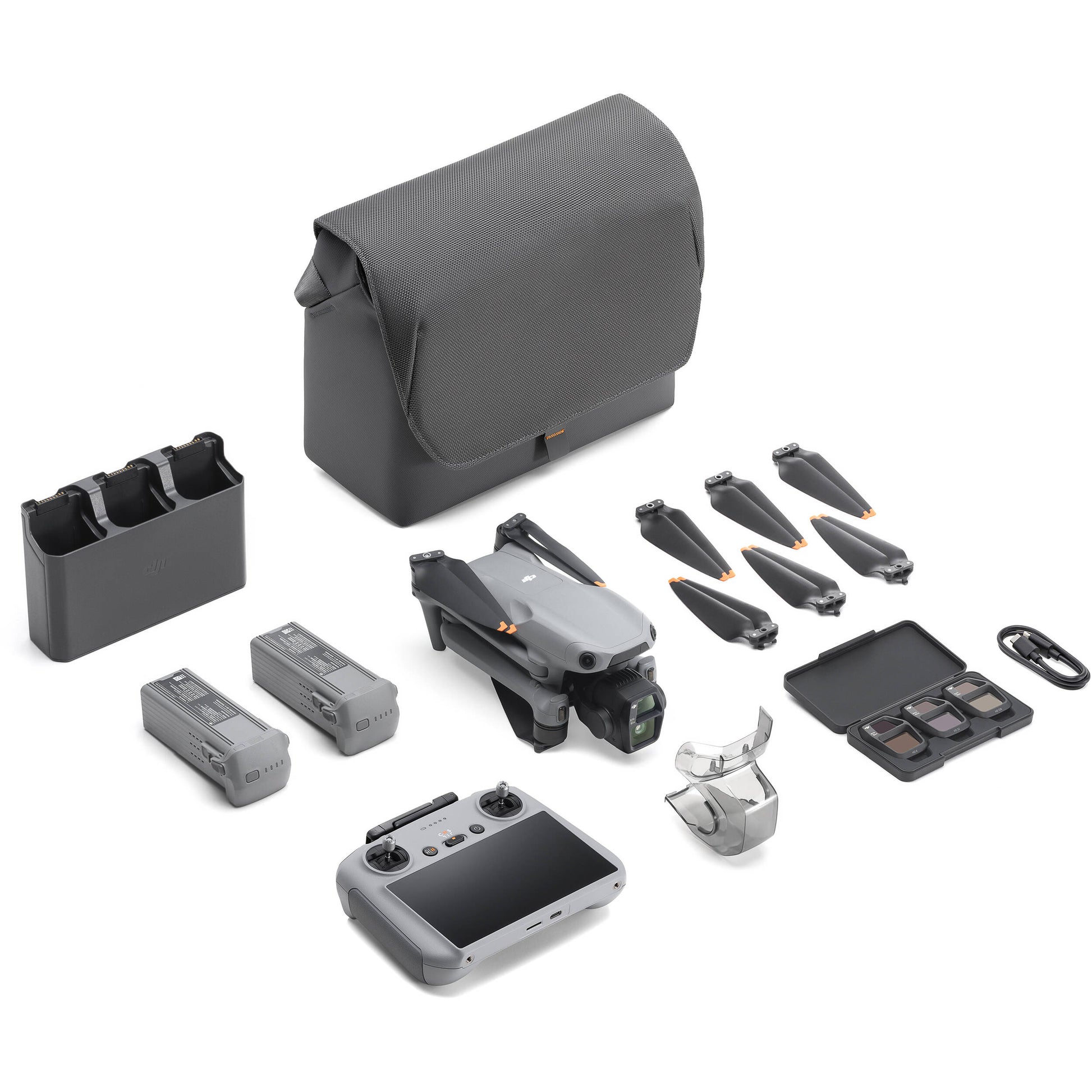 DJI Air 3S drone with dual 1-inch CMOS cameras, 45-min flight time, omnidirectional obstacle sensing, and DJI RC 2 controller