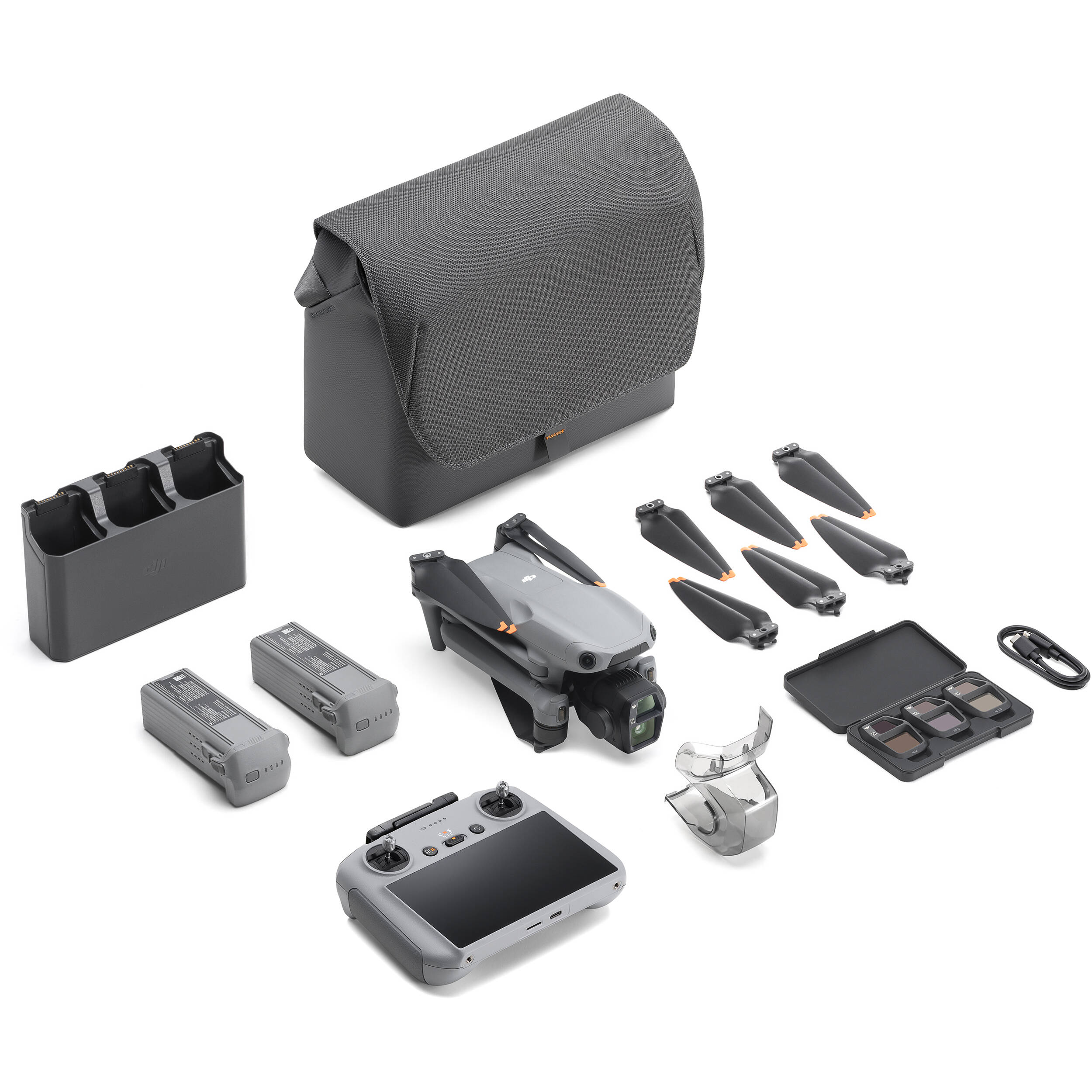 DJI Air 3S drone with dual 1-inch CMOS cameras, 45-min flight time, omnidirectional obstacle sensing, and DJI RC 2 controller